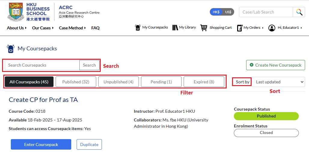 search, filter and sort functions are at the top of the coursepack list